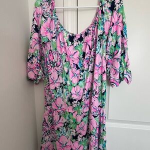 Lilly Pulitzer Floral Scoop Neck Romper in Pink & Green
